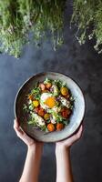 Fresh Salad With Poached Egg Served at a Rustic Table in a Cozy Dining Environment. photo