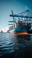 Container Ship Unloading Cargo at Bustling Port During Sunny Day photo