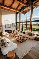 Modern Living Room With Large Windows Showcasing Mountain View in Daytime. photo