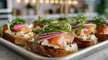 Delicious Smoked Salmon Toasts With Cream Cheese and Arugula on a Serving Platter. photo