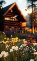 Bees Buzzing Around Colorful Wildflowers Near a Rustic Cabin in the Mountains During Summer Afternoon. photo