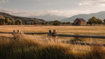 Mountain Landscape With Wooden Barn and Golden Grass During Sunset in Open Field photo