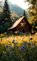 Bees Buzzing Around Colorful Wildflowers Near a Rustic Cabin in the Mountains During Summer Afternoon photo