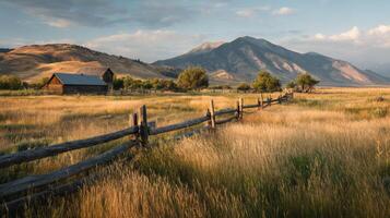 Mountain Landscape With Wooden Barn and Golden Grass During Sunset in Open Field. photo