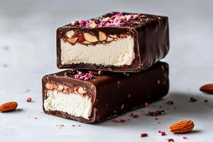 Delicious Chocolate-Covered Ice Cream Bars With Nuts and Creamy Filling on Table. photo