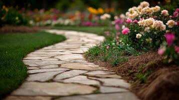 Garden Path Lined With Blooming Flowers in a Peaceful Landscape on a Cloudy Day. photo