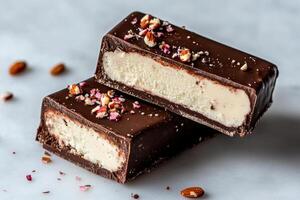 Creamy Chocolate Dessert Bars Topped With Nuts and Candy-Crush Sprinkles on a Light Surface photo