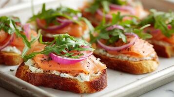 Delicious Smoked Salmon Toast With Cream Cheese and Arugula Served on a Platter. photo