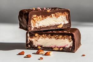 Creamy Chocolate Dessert Bars Topped With Nuts and Candy-Crush Sprinkles on a Light Surface. photo
