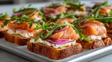 Delicious Smoked Salmon Toast With Cream Cheese and Arugula Served on a Platter photo
