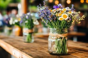 Beautiful Wildflowers in Jars Decorate a Rustic Wooden Table at a Cozy Cafe Setting. photo