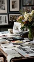 Design Workspace With Color Palettes and Floral Arrangement in Bright Natural Light. photo