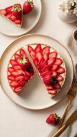 Delicious Strawberry Cheesecake Slices Served on Elegant Plates With Fresh Berries. photo