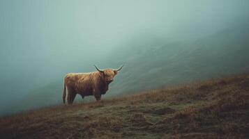 Highland Cow Standing Alone in Misty Landscape During Early Morning Hours photo