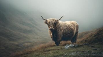 Highland Cow Standing Alone in Misty Landscape During Early Morning Hours. photo