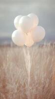 Bunch of White Balloons Floating Above Tall Grass in a Serene Landscape During Cloudy Weather photo
