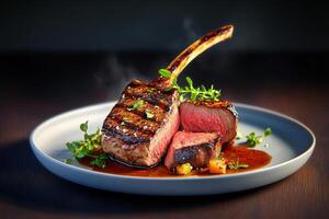 Perfectly Cooked Grilled Lamb Chops Served With Garnishes on a Sleek Plate photo