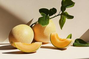 Fresh Melons on a Light Background Showcasing Their Vibrant Colors and Textures During a Sunny Day photo