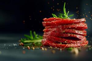 Slices of Cured Meat Garnished With Herbs on a Dark Background Creating a Gourmet Presentation photo