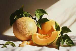 Fresh Melons on a Light Background Showcasing Their Vibrant Colors and Textures During a Sunny Day. photo