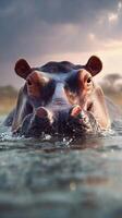 Hippo Surfacing in Tranquil Waters During Sunset in African Wetland Environment photo