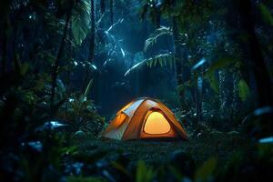 Warm Glow of a Tent in a Lush Jungle at Night Surrounded by Vibrant Vegetation photo