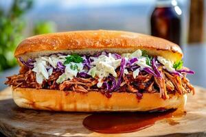 Delicious Barbecue Sandwich With Coleslaw and Sauce on a Brown Background for Food Lovers. photo