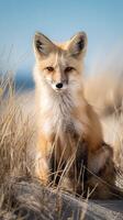 Fox Sitting in Tall Grass by the Sea During a Clear Sunny Day. photo