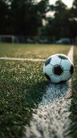 Soccer Ball Rests on Grass Near the Sideline Under a Clear Blue Sky. photo