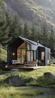 Black Cabin Nestled Among Towering Pine Trees in a Foggy Landscape. photo