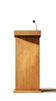Wooden Podium With Microphone Set up for a Speaking Event in a Neutral Background. photo