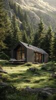 Modern Cabin Nestled Among Towering Trees in a Serene Mountainous Landscape During Golden Hour photo