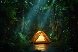 Camping in a Vibrant Jungle at Dusk With a Glowing Tent Surrounded by Lush Greenery photo