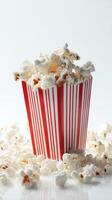 Popcorn Falling From a Striped Container Creates a Fun and Lively Atmosphere. photo