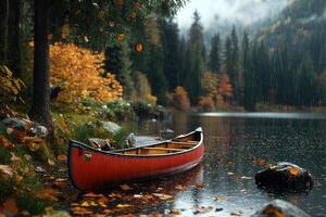 Canoe Resting by the Lake Surrounded by Autumn Colors and Rain in a Serene Forest Setting photo