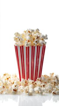 Freshly Popped Popcorn in a Red and White Striped Container Ready for a Movie Night. photo