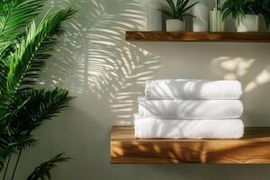 Relaxing Bathroom Setup With Fresh Towels and Green Plants Near a Wooden Shelf photo