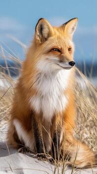 Fox Resting on Sandy Beach Surrounded by Grass on a Sunny Day photo