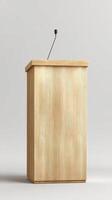 Wooden Podium With Microphone Set up for a Speaking Event in a Neutral Background photo