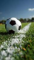 Soccer Ball Rests on Grass Near the Sideline Under a Clear Blue Sky photo