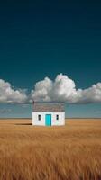 Charming White House With Turquoise Door in Vast Golden Field Under Bright Blue Sky. photo