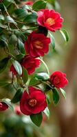 Colorful Red Camellia Flowers Blooming in Spring Garden Surrounded by Lush Green Leaves photo