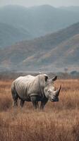 White Rhinoceros Walks Through Golden Grassland With Bird Perched on Its Back in Early Morning Light. photo