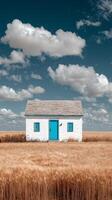 Charming White House With Turquoise Door in Vast Golden Field Under Bright Blue Sky photo