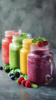 Refreshing Smoothie Jars With Fruits and Herbs on a Marble Background. photo