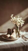 Cozy Morning Set With Handmade Socks and Fresh Flowers on a Dining Table in Soft Sunlight photo