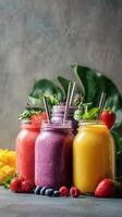 Refreshing Fruit Smoothies in Glass Jars With Mint Leaves and Fresh Berries on a Gray Background. photo