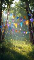 Colorful Party Decorations Fill a Serene Forest Setting During a Festive Celebration in Daylight photo