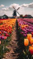 Colorful Tulip Fields in Spring With Windmill in the Background Capturing the Essence of the Landscape. photo