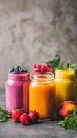 Refreshing Smoothie Jars With Fruits and Herbs on a Marble Background photo